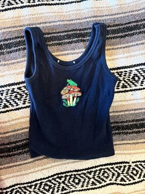 Navy Ribbed Tank with Colorful Mushroom Patch